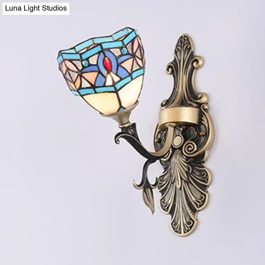 Blue Stained Glass Wall Sconce - Baroque/Flower/Gem/Magnolia Pattern Tiffany Design 1 Light Indoor