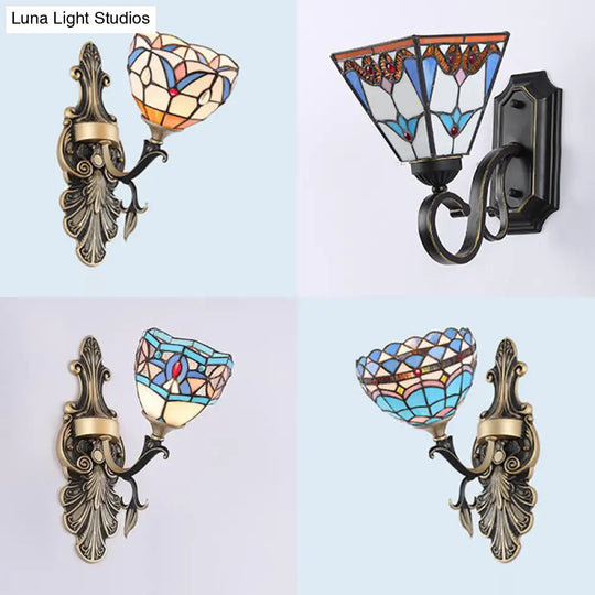 Blue Stained Glass Wall Sconce - Baroque/Flower/Gem/Magnolia Pattern Tiffany Design 1 Light Indoor