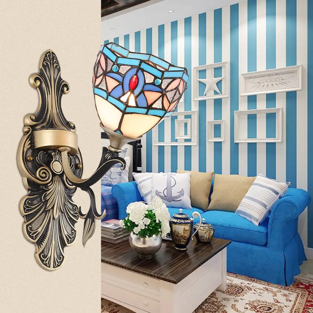 Blue Stained Glass Wall Sconce - Baroque/Flower/Gem/Magnolia Pattern Tiffany Design 1 Light Indoor