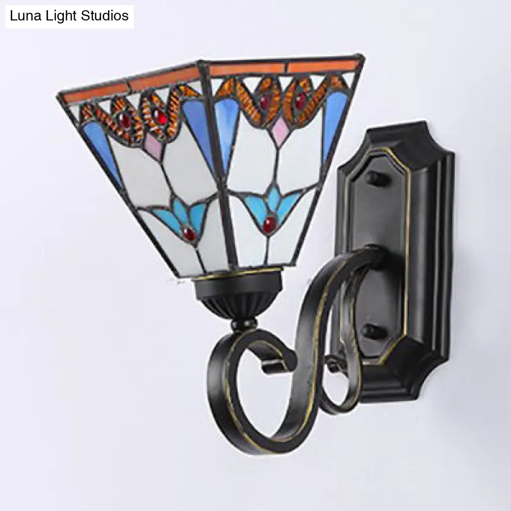 Blue Stained Glass Wall Sconce - Baroque/Flower/Gem/Magnolia Pattern Tiffany Design 1 Light Indoor