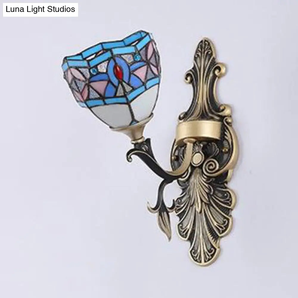 Blue Stained Glass Wall Sconce - Baroque/Flower/Gem/Magnolia Pattern Tiffany Design 1 Light Indoor