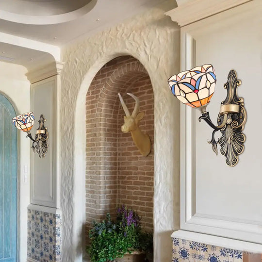 Blue Stained Glass Wall Sconce - Baroque/Flower/Gem/Magnolia Pattern Tiffany Design 1 Light Indoor