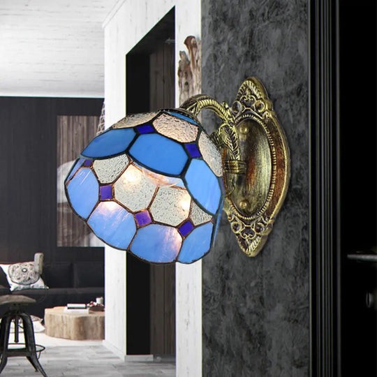 Blue Stained Glass Wall Sconce Tiffany Style - Scalloped Edged Lighting For Stairway