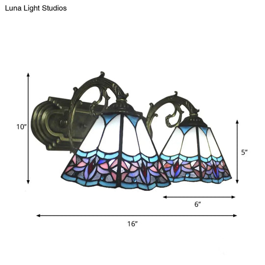 Blue Stained Glass Wall Sconce With Curved Arm - 2 Bulbs Pyramid Style For Corridor