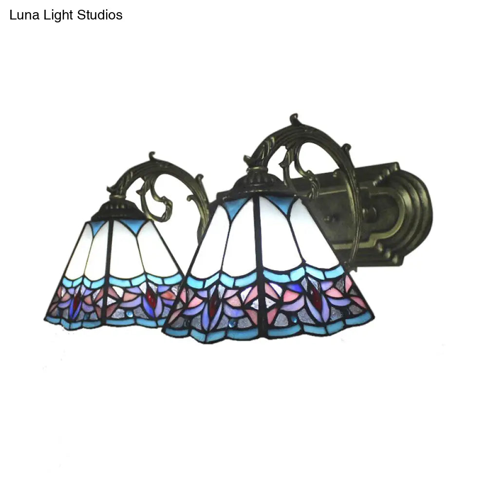 Blue Stained Glass Wall Sconce With Curved Arm - 2 Bulbs Pyramid Style For Corridor