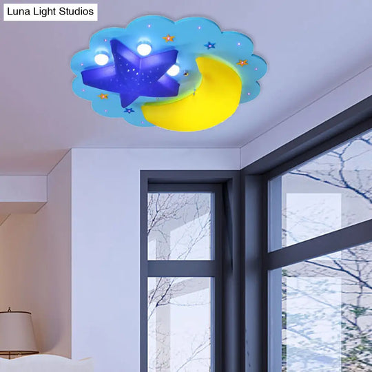 Blue Star Moon Cartoon Wood Ceiling Lamp For Kids Bedroom / A