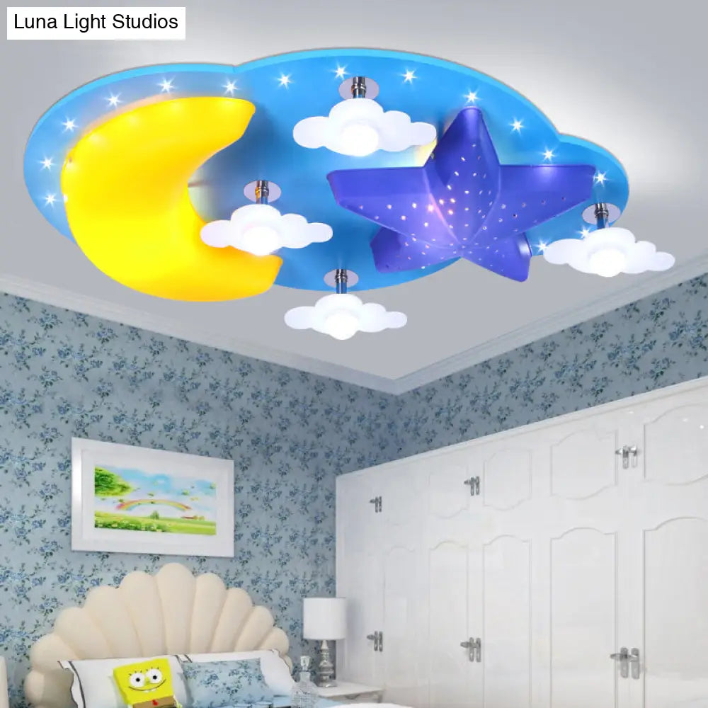 Blue Star Moon Cartoon Wood Ceiling Lamp For Kids Bedroom / C