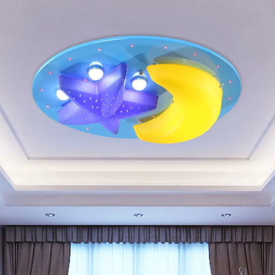 Blue Star Moon Cartoon Wood Ceiling Lamp For Kids Bedroom / B