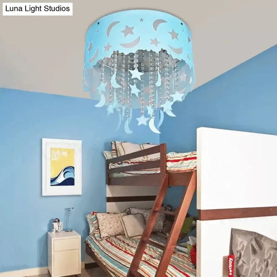 Blue Star & Moon Led Flush Mount Ceiling Light With Crystal Bead For Kids Bedroom