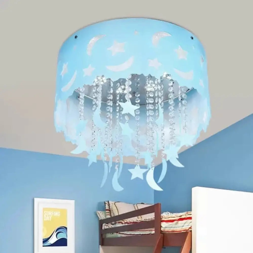 Blue Star & Moon Led Flush Mount Ceiling Light With Crystal Bead For Kids’ Bedroom