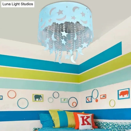 Blue Star & Moon Led Flush Mount Ceiling Light With Crystal Bead For Kids’ Bedroom