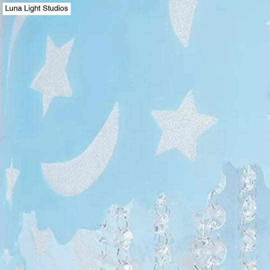 Blue Star & Moon Led Flush Mount Ceiling Light With Crystal Bead For Kids Bedroom