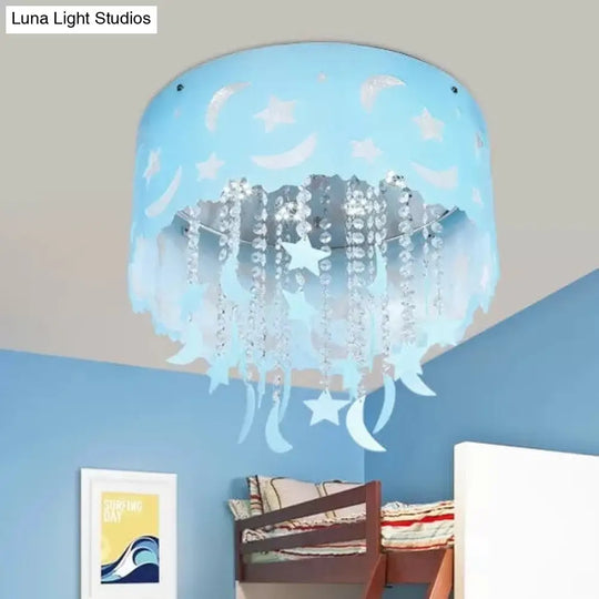 Blue Star & Moon Led Flush Mount Ceiling Light With Crystal Bead For Kids Bedroom