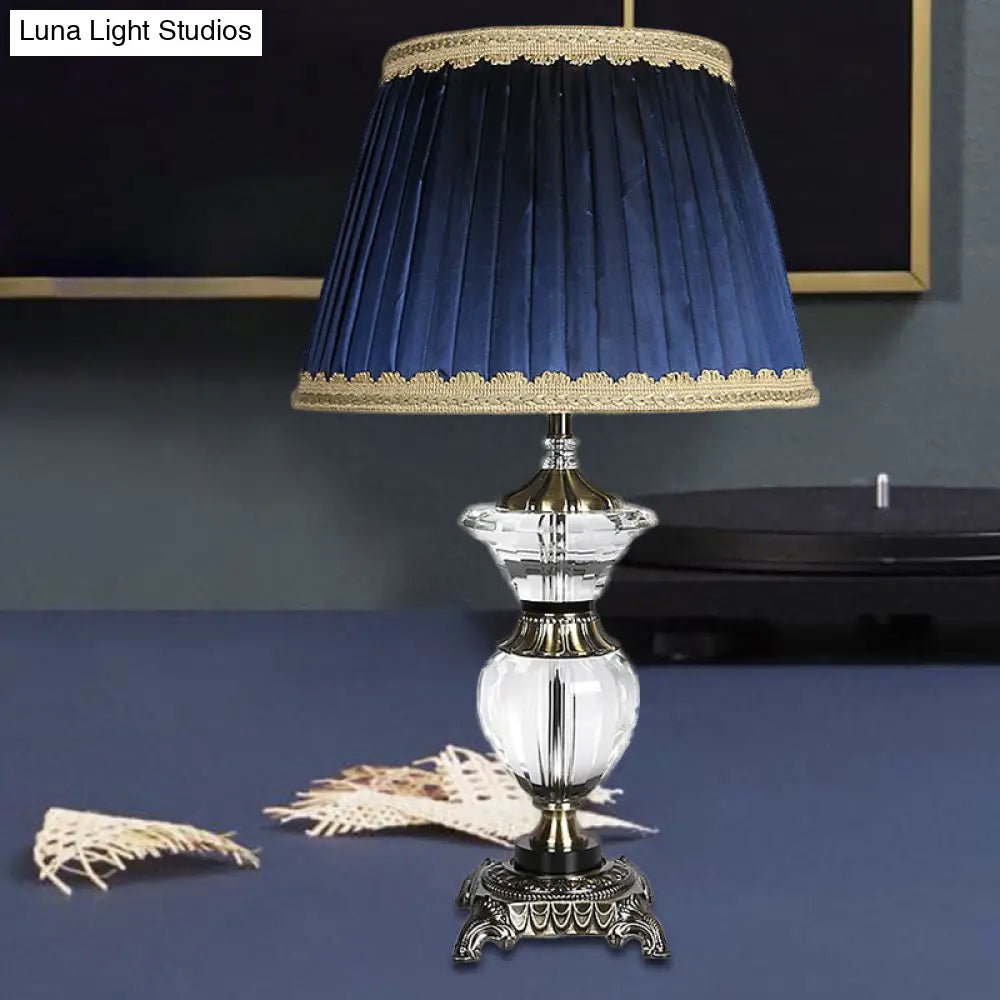 Blue Tapered Drum Crystal Desk Lamp - Modern 1 Head Night Table Light With Fabric Shade