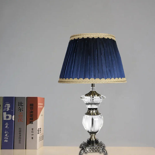 Blue Tapered Drum Crystal Desk Lamp - Modern 1 Head Night Table Light With Fabric Shade