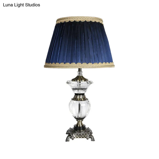 Blue Tapered Drum Crystal Desk Lamp - Modern 1 Head Night Table Light With Fabric Shade