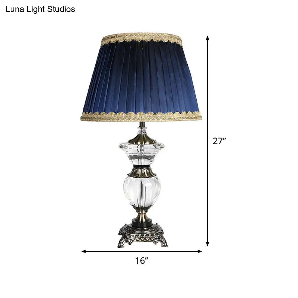 Blue Tapered Drum Crystal Desk Lamp - Modern 1 Head Night Table Light With Fabric Shade