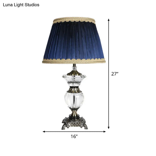 Blue Tapered Drum Crystal Desk Lamp - Modern 1 Head Night Table Light With Fabric Shade