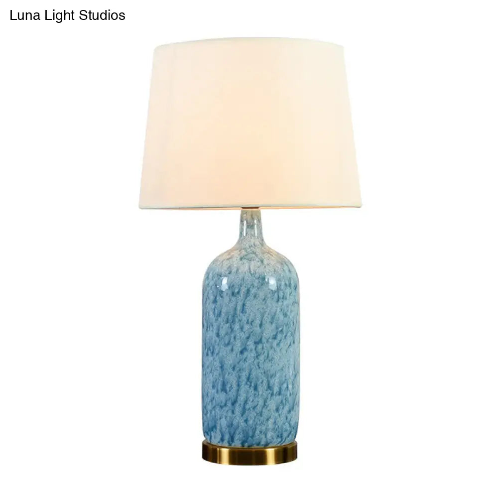 Blue Tapered Nightstand Lamp: Simplistic Fabric Table Light With Ceramic Jug Base