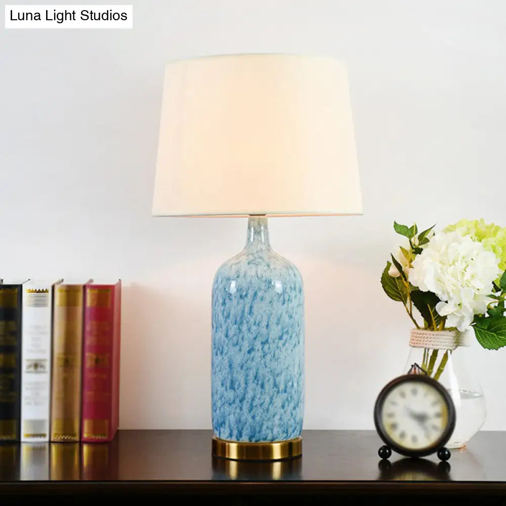 Blue Tapered Nightstand Lamp: Simplistic Fabric Table Light With Ceramic Jug Base