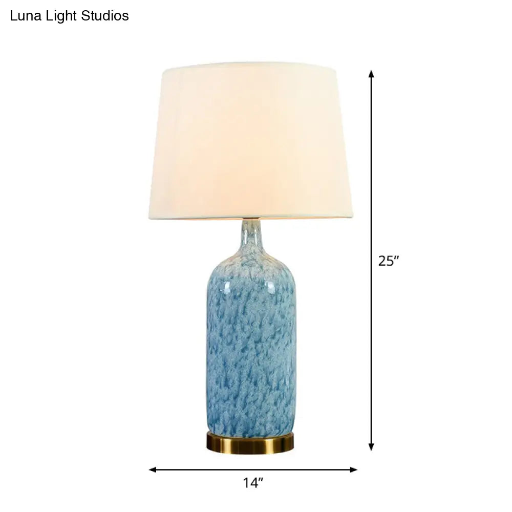 Blue Tapered Nightstand Lamp: Simplistic Fabric Table Light With Ceramic Jug Base