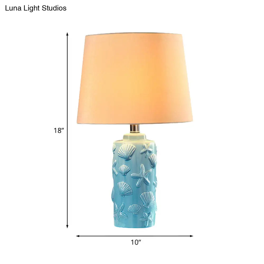 Blue Tapered Shade Table Night Lamp With Shell And Starfish Details