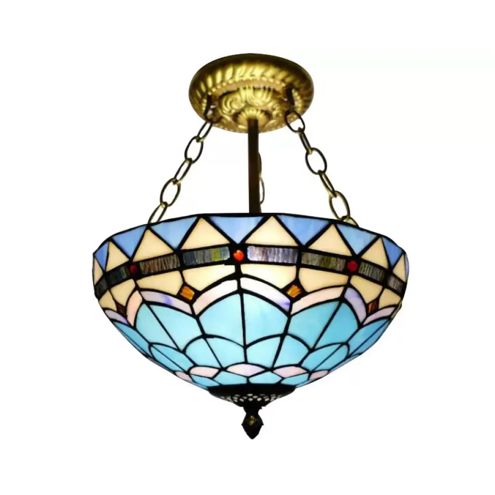 Blue Tiffany Bowl Ceiling Light Stained Glass Antique Brass Flush Mount / 12’