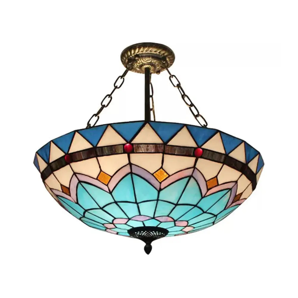 Blue Tiffany Bowl Ceiling Light Stained Glass Antique Brass Flush Mount / 23.5’