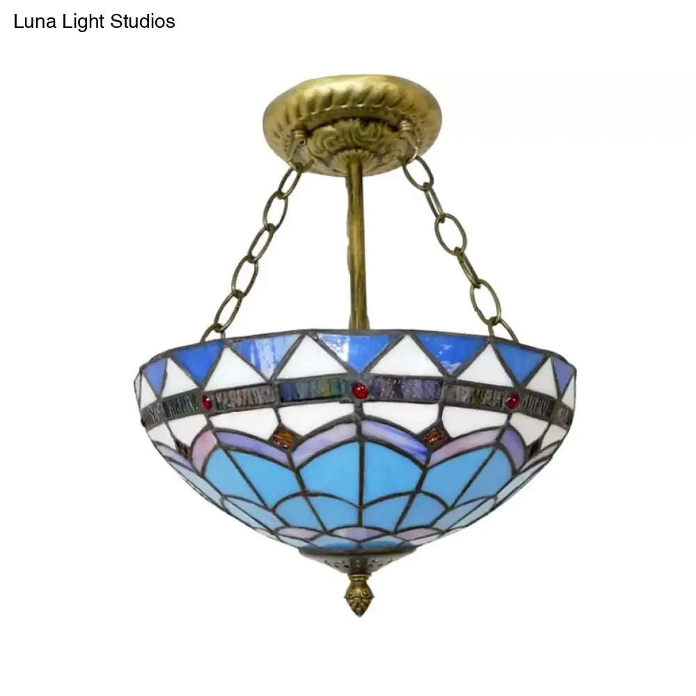 Blue Tiffany Bowl Ceiling Light Stained Glass Antique Brass Flush Mount