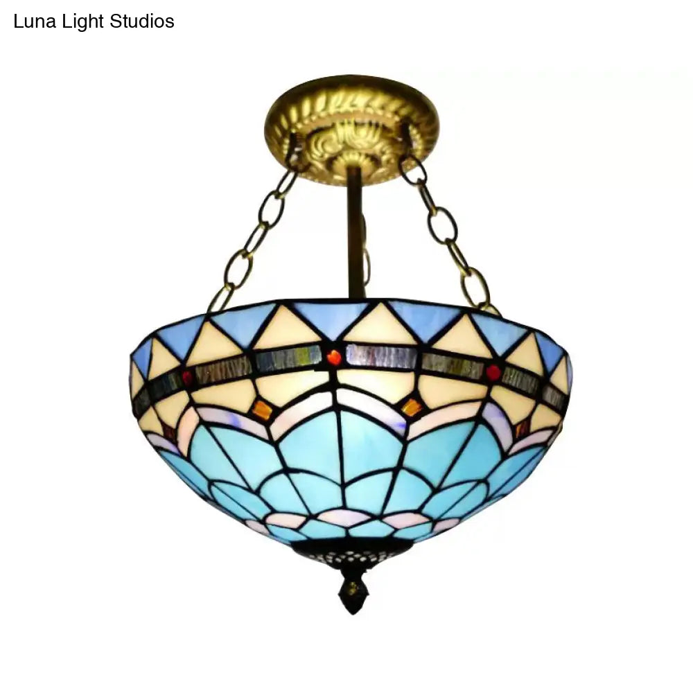 Blue Tiffany Bowl Ceiling Light Stained Glass Antique Brass Flush Mount / 12