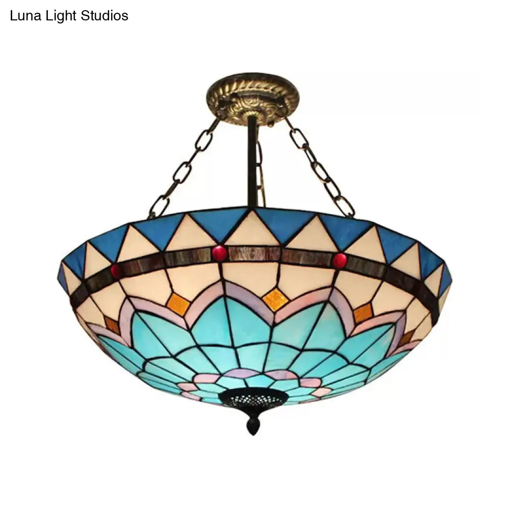 Blue Tiffany Bowl Ceiling Light Stained Glass Antique Brass Flush Mount / 23.5