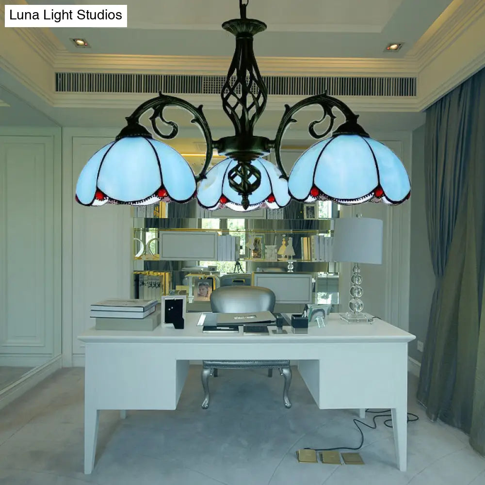 Blue Tiffany Chandelier - 3-Light Floral Pendant Lamp For Dining Table With Adjustable Chain