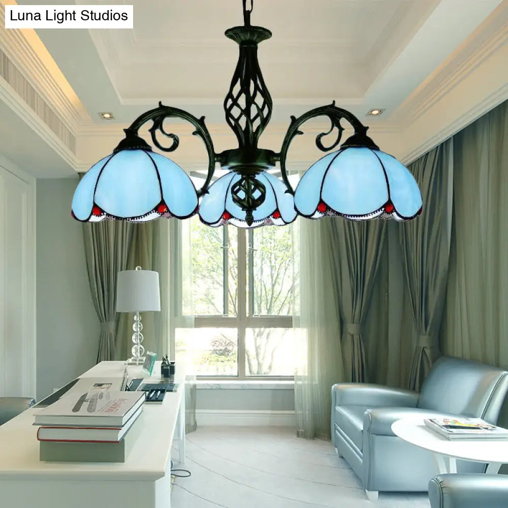 Tiffany Chandelier - 3-Light Floral Pendant Lamp For Dining Table Adjustable Chain Blue