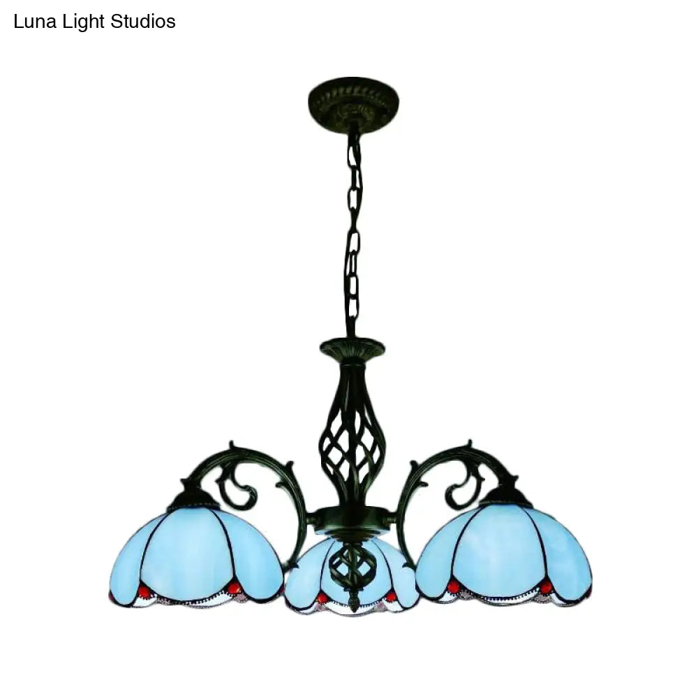 Blue Tiffany Chandelier - 3-Light Floral Pendant Lamp For Dining Table With Adjustable Chain