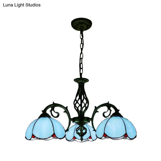 Blue Tiffany Chandelier - 3-Light Floral Pendant Lamp For Dining Table With Adjustable Chain