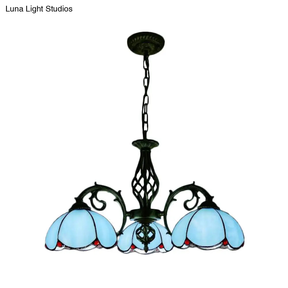 Tiffany Chandelier - 3-Light Floral Pendant Lamp For Dining Table Adjustable Chain Blue