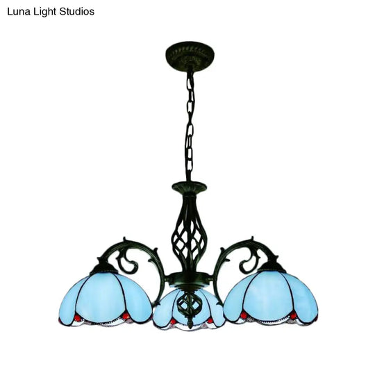 Tiffany Chandelier - 3-Light Floral Pendant Lamp For Dining Table Adjustable Chain Blue