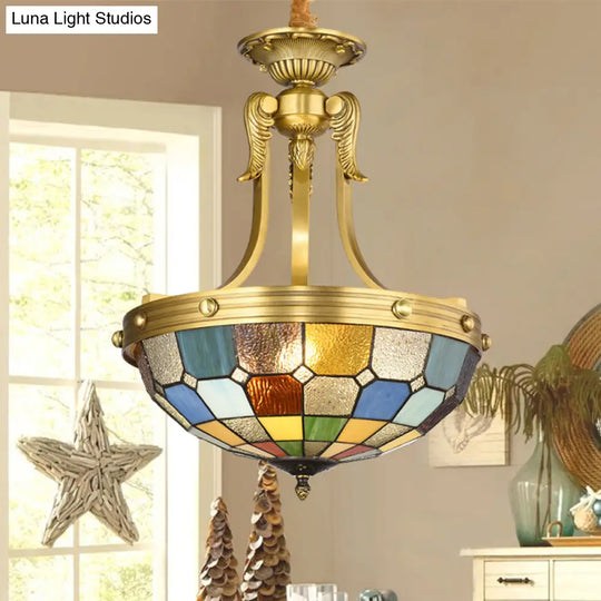 Blue Tiffany Chandelier Lighting: 3-Light Suspension Pendant With Cut Glass Bowl Shade For Kitchen