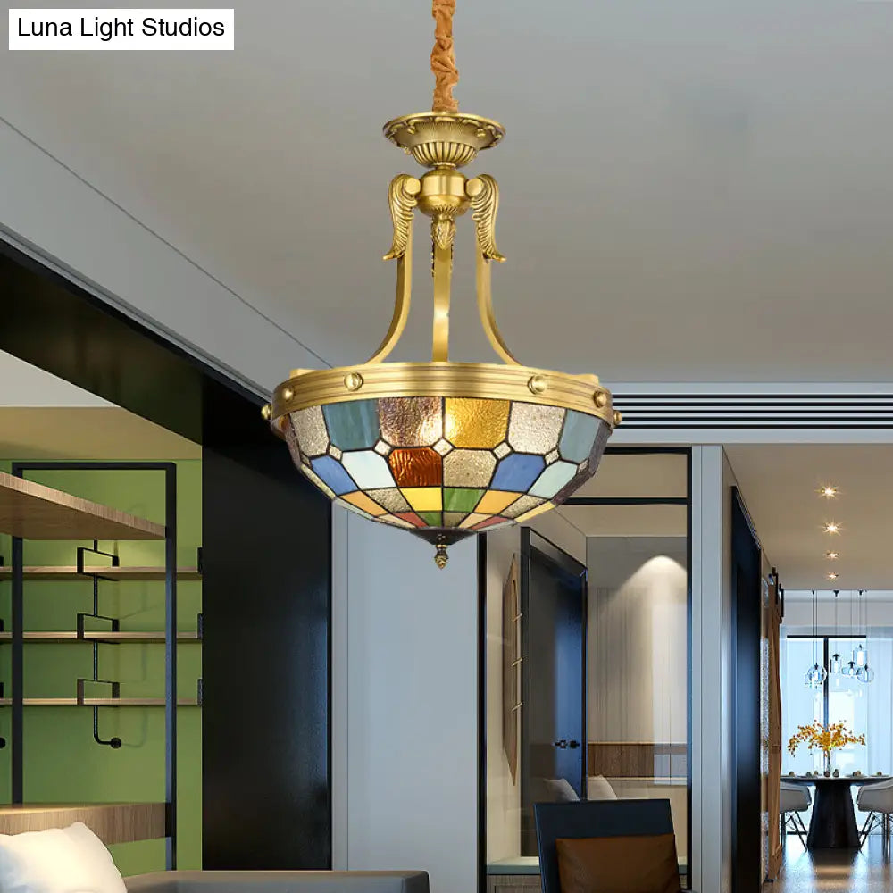 Blue Tiffany Chandelier Lighting: 3-Light Suspension Pendant With Cut Glass Bowl Shade For Kitchen