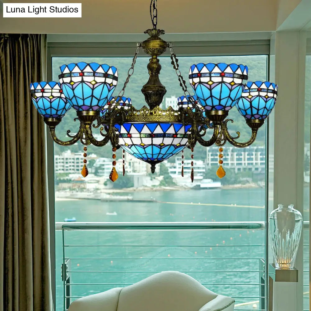 Tiffany Style Blue Chandelier With Amber Crystal And Jewel Accents For Dining Room Ceiling