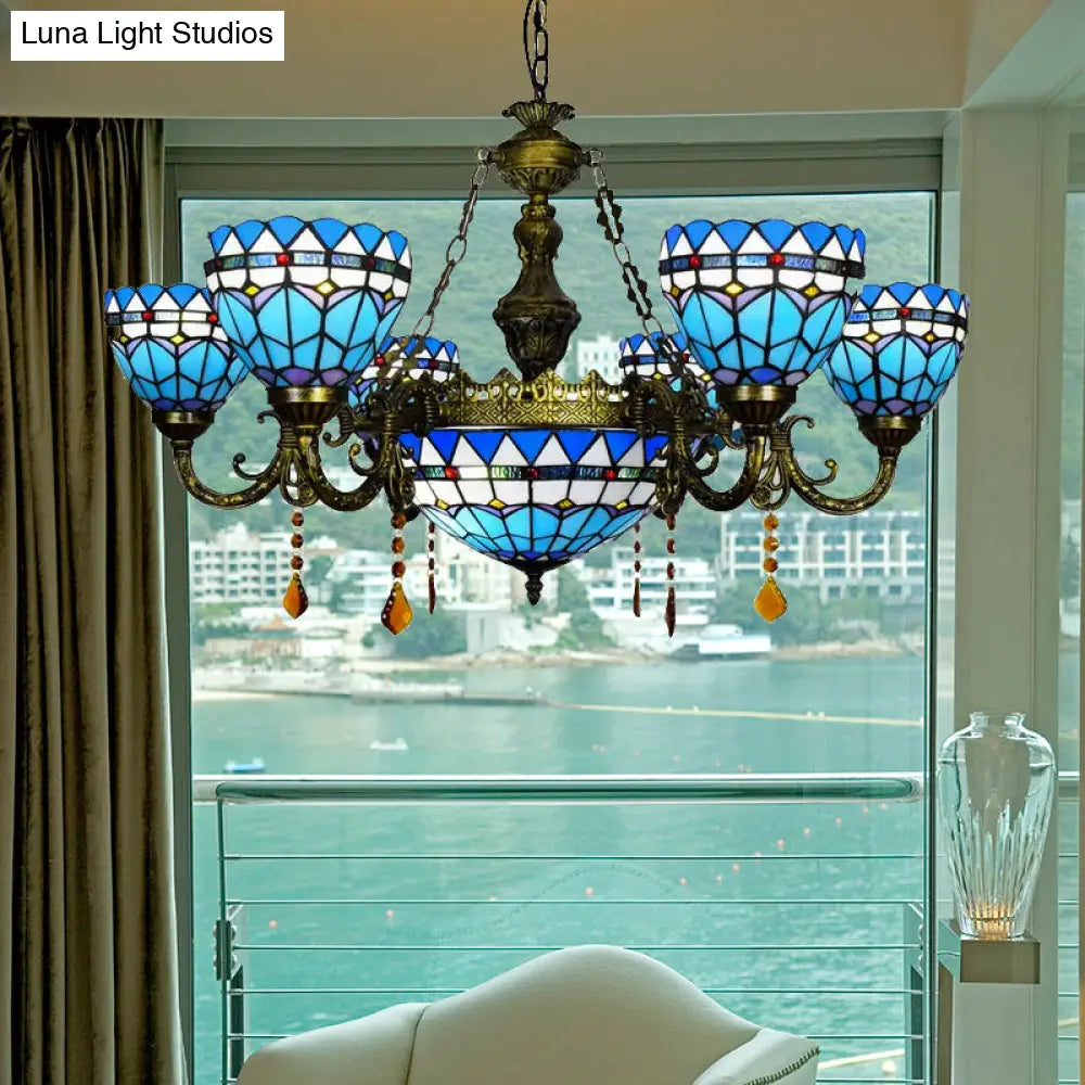 Blue Tiffany Chandelier With Amber Crystal And Jewel Detail For Dining Room Ceiling