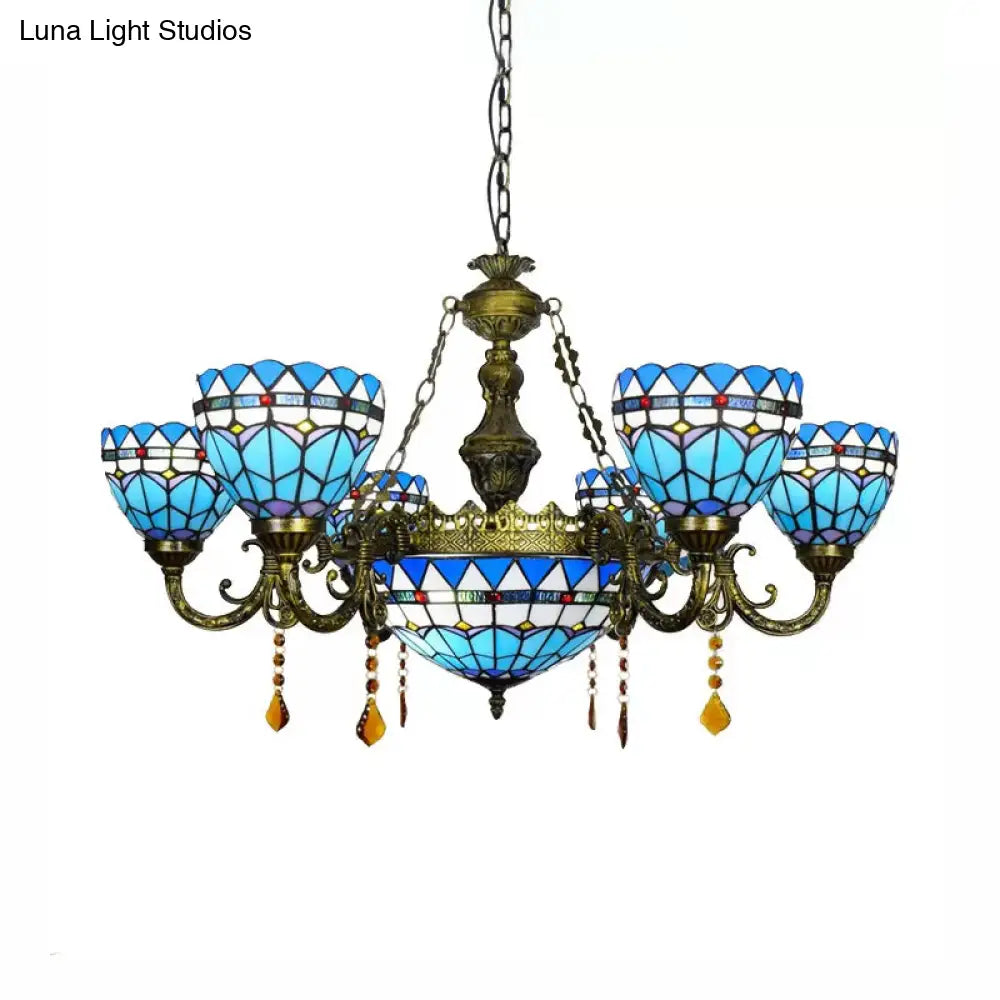 Blue Tiffany Chandelier With Amber Crystal And Jewel Detail For Dining Room Ceiling