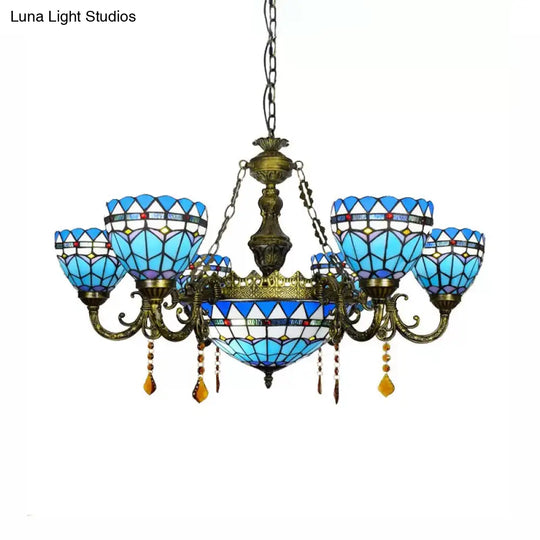 Blue Tiffany Chandelier With Amber Crystal And Jewel Detail For Dining Room Ceiling