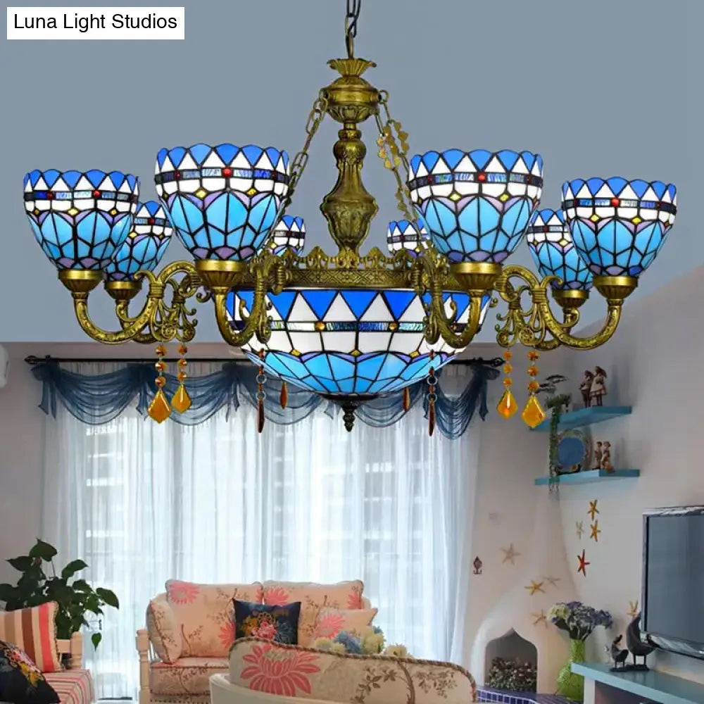 Tiffany Style Blue Chandelier With Amber Crystal And Jewel Accents For Dining Room Ceiling 9 /