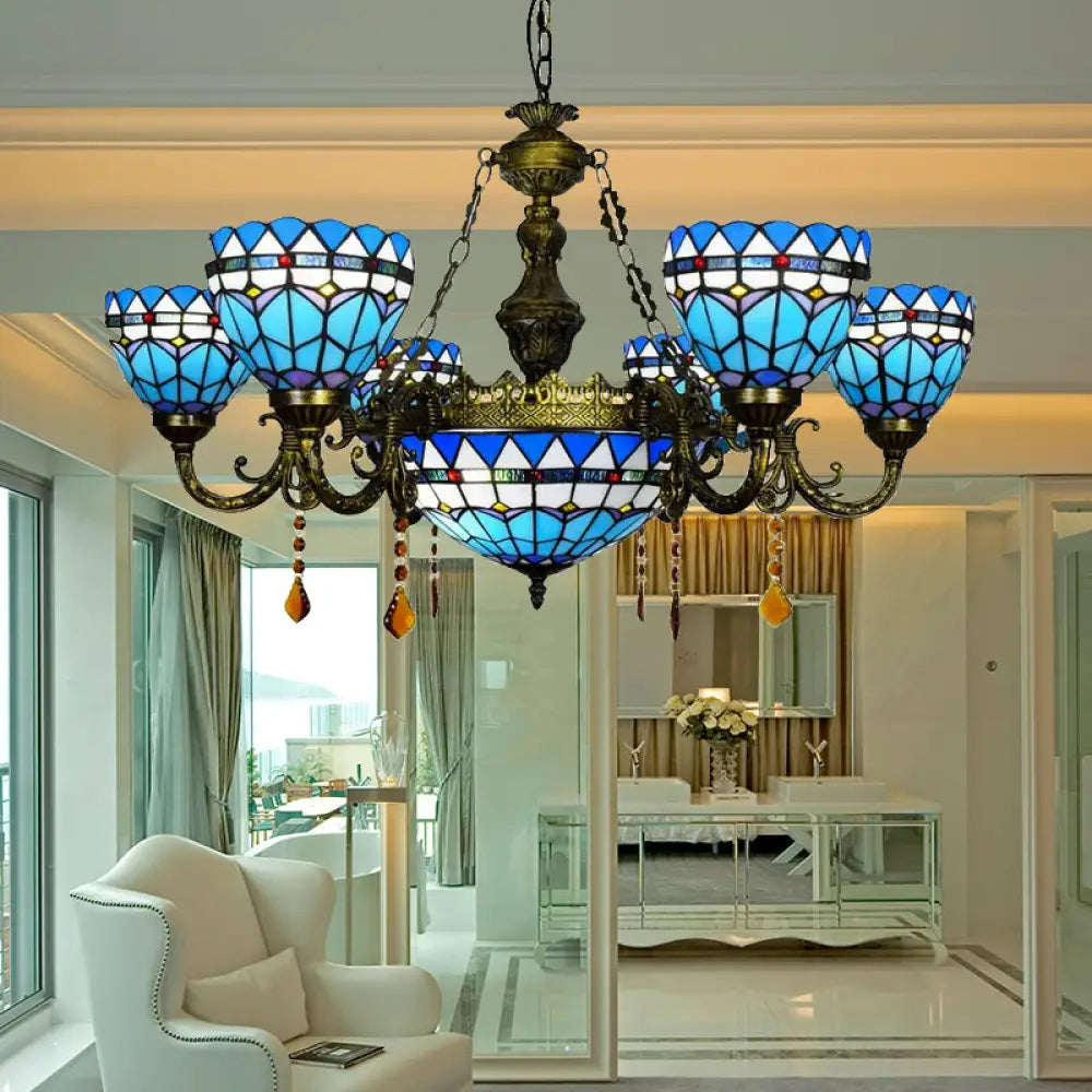 Blue Tiffany Chandelier With Amber Crystal And Jewel Detail For Dining Room Ceiling 7 /