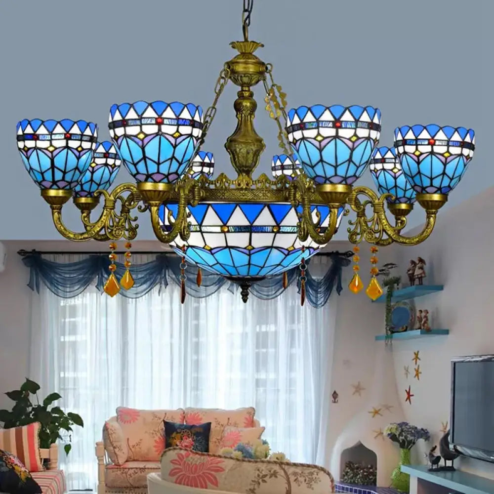 Blue Tiffany Chandelier With Amber Crystal And Jewel Detail For Dining Room Ceiling 9 /