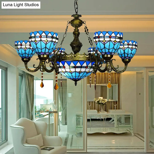 Tiffany Style Blue Chandelier With Amber Crystal And Jewel Accents For Dining Room Ceiling 7 /