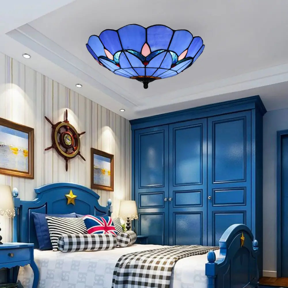 Blue Tiffany Dome Flush Mount Ceiling Lights With Jewel Decoration In Various Sizes For Bedroom /