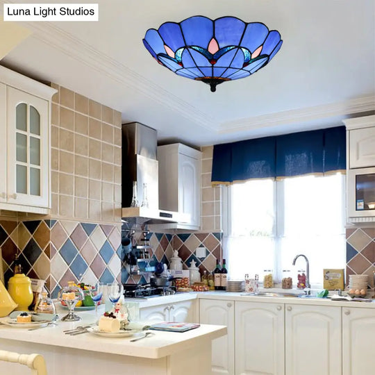 Blue Tiffany Dome Flush Mount Ceiling Lights With Jewel Decoration In Various Sizes For Bedroom