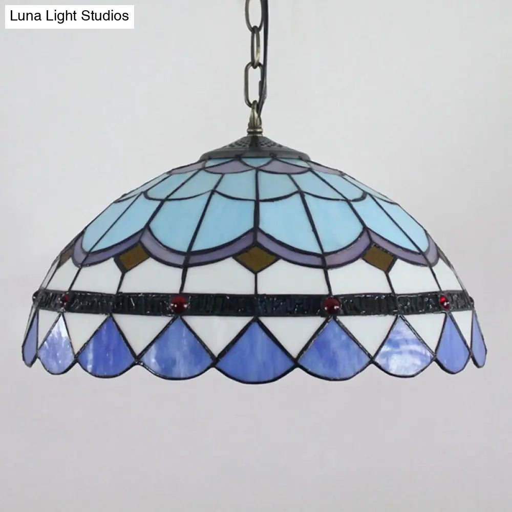 Blue Tiffany Dome Hanging Lamp - 16 Wide Glass Light